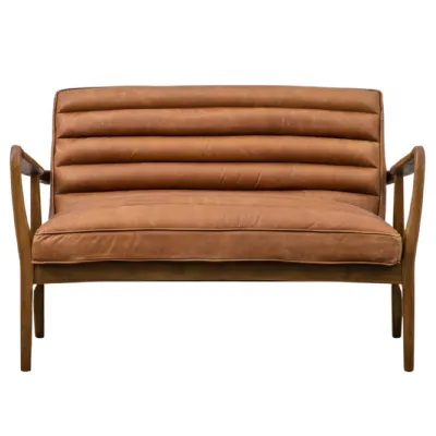 Tan Brown Ribbed Leather 2 Seater Sofa Oak Wooden Arms