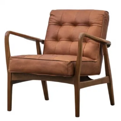 Vintage Tan Brown Leather Armchair with Oak Frame