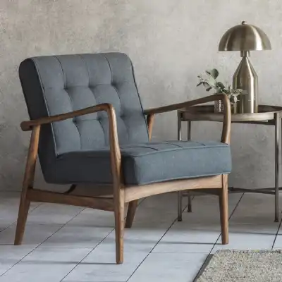 Grey Fabric Armchair Buttoned Back Open Dark Wood Frame