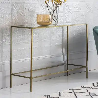 Bronze Metal Console Table Slender Glass Top
