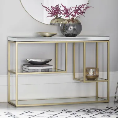 Gold Display Console Table Mirrored Glass Top 120cm Wide