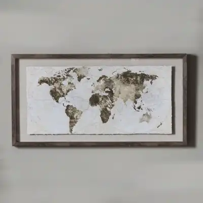 Gold Foil World Map Rectangular Wall Art Vintage Wood Effect Framed