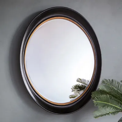Large Black and Gold Oval Wall Mirror Bevelled Glass