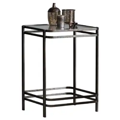 Bronze Metal Side Occasional Square Lamp End Table with Glass Top