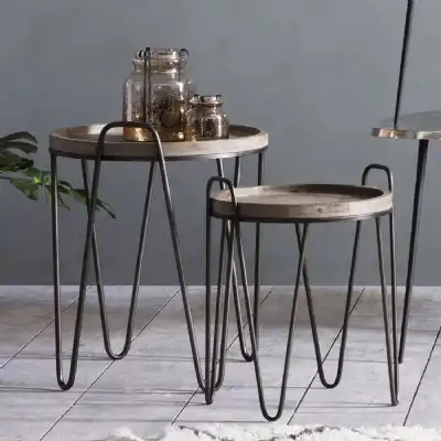 Round Nest of 2 Tray Top Tables Black Hairpin Metal Legs