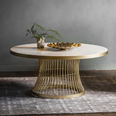 Round Gold Metal Cage Coffee Table with White Marble Top
