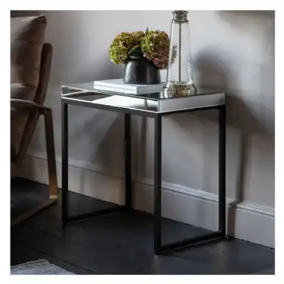 Mirrored Glass Side Table Black Metal Frame