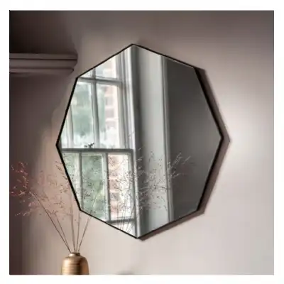 Modern Octagonal Arched Black Metal Frame Bedroom Wall Mirror 80cm Diameter