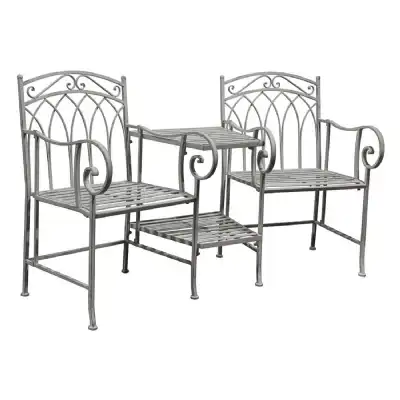 Grey Painted Metal Outdoor Garden Loveseat 2 Chairs with Centre Table
