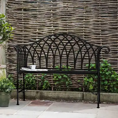 Distressed Grey Painted Metal Outdoor Garden Bench Rounded Arms