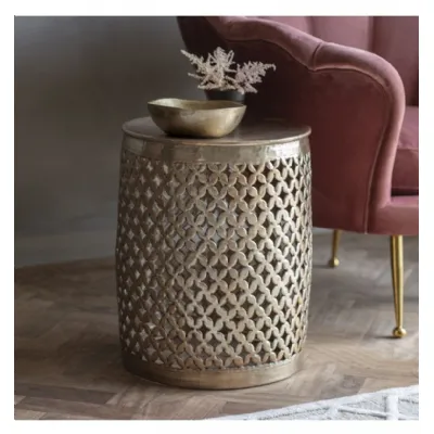 Gold Metal Drum Round Occasional Side Table 40cm Diameter