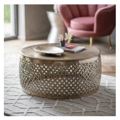 Gold Metal Round Coffee Table Intricate Netted Carving