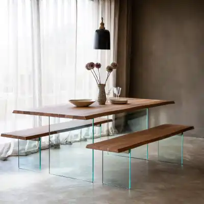 Large Glass Legs Solid Hard Wood Dining Table with Wavy Edge Top