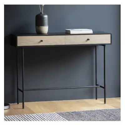 Black Metal and Brown Oak Wood 2 Drawer Console Table With Tube Footrest