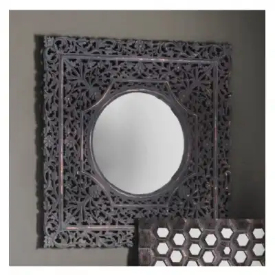 Large Square Rustic Wood Round Wall Mirror Bohemian Floral Design 120cm