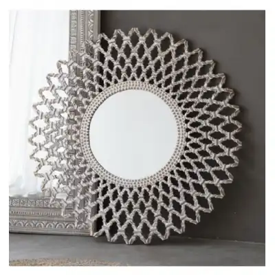 Round Bevelled Wall Mirror With Silver Metal Frame