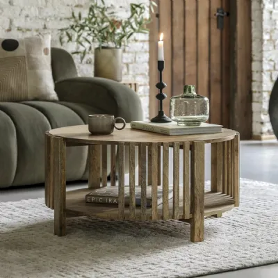 Natural Mango Wood Slatted Round Coffee Table