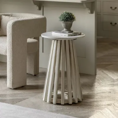White Marble Top Small Round Side Table Slatted Base