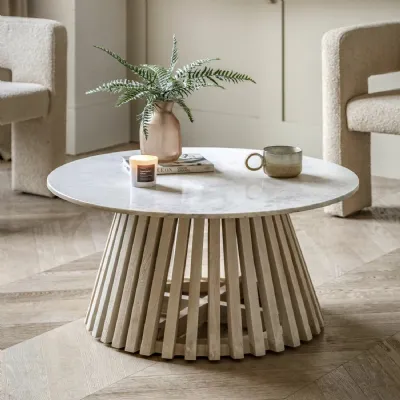 White Marble Top Round Coffee Table Slatted Base
