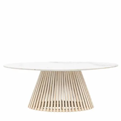 White Marble Top Oval Dining Table Slatted Base