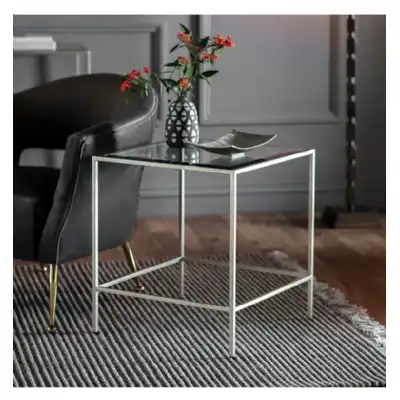 50cm Square Silver Side Lamp End Sofa Table Glass Top