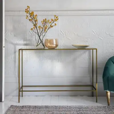 Champagne Gold Metal Framed Mirrored Glass Top Console Table