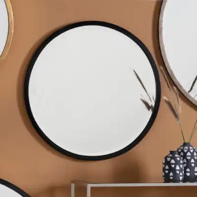Large Metal Black Round Bevelled Modern Wall Mirror 80cm Diameter