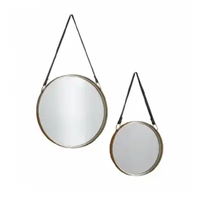 Mirrors With Leather Hanging Strap Gold (Set of 2)
