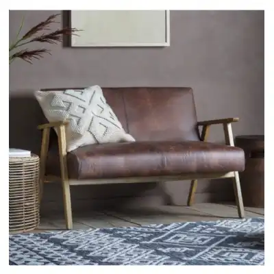 Vintage Brown Leather Retro 2 Seater Sofa Light Wood Frame