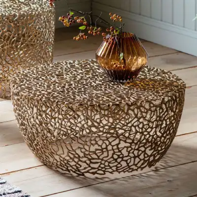 Round Coffee Table Gold Metal Intricate Honeycomb Design