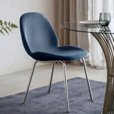 Dark Blue Velvet Dining Chair Silver Metal Legs