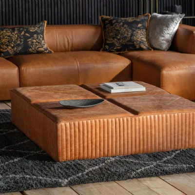 Square Tan Brown Leather Ribbed Slab Coffee Table