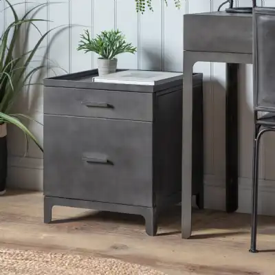 Dark Grey Metal Iron 2 Drawer Pedestal Small Desk Bedside Cabinet Table