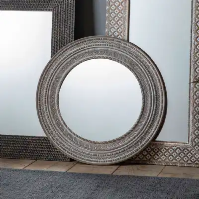 Carved Rustic Mango Wood Round Wall Mirror