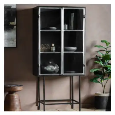 Black Metal and Glass Drinks Display Cabinet 2 Doors 2 Shelves