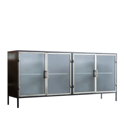 Black Iron and Glass Large Sideboard 4 Doors 2 Shelves