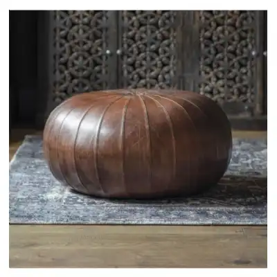 Modern Style Chestnut Brown Finish Ribbed Leather Upholstered Pouffe 40 x 80cm