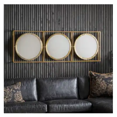Large 3 Round Brass Gold Wall Mirrors in Rectangular Frame 180cm Wide
