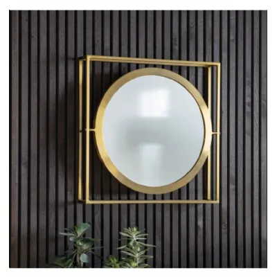 Brass Square Metal Frame Inner Round Circle Wall Mirror