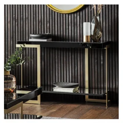 Black Glass Top Console Table Gold Metal Angular Frame