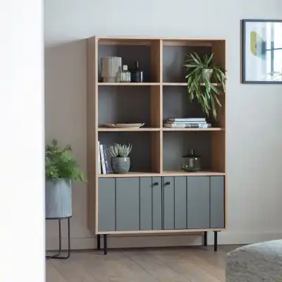 Oak and Grey Tall Open Display Cabinet