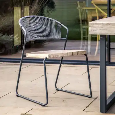 Rope Weave Outdoor Garden Dining Chair Teak Wood Seat Metal Framed