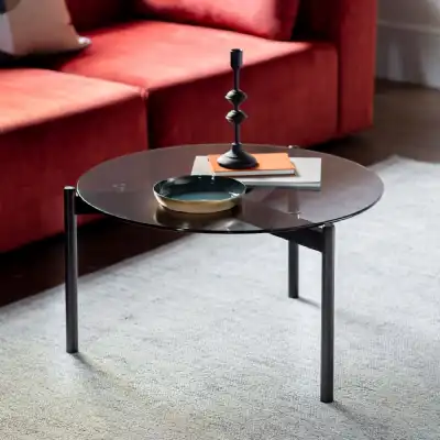 Round Black Wooden Coffee Table Clear Glass Top