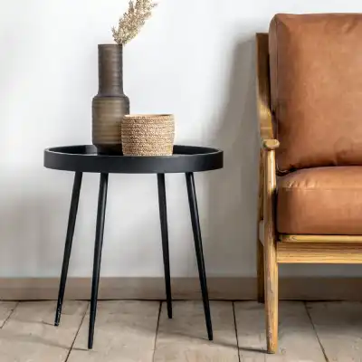 Black Wood and Metal Round Side Table