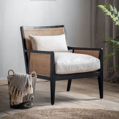 Black Timber and Rattan Framed Armchair Cream Seat Cushion