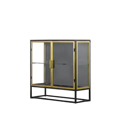 Black Metal Gold Trimmed Drinks Cabinet with Glass Shelf