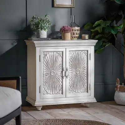 Distressed White Small Sideboard Cabinet 2 Floral Doors