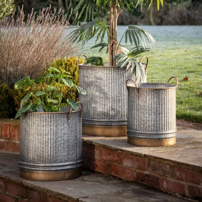 Set of 3 Galvanised Metal Planters Antique Gold Bases
