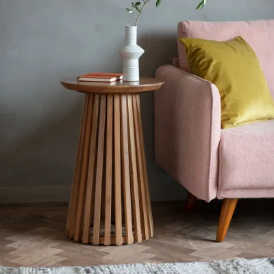 Acacia Wood Slatted Small Round Side Table
