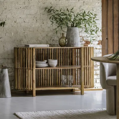 Natural Wood Open Slatted Curved Console Table